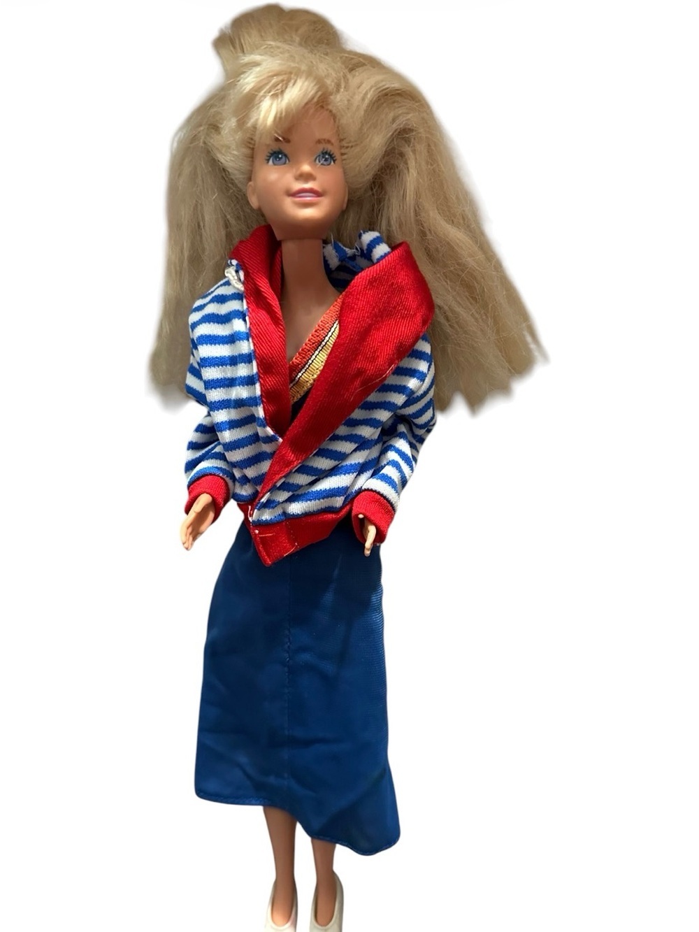 Mattel blond vintage Doll in Blue Skirt and Red-Trim Striped Jacket